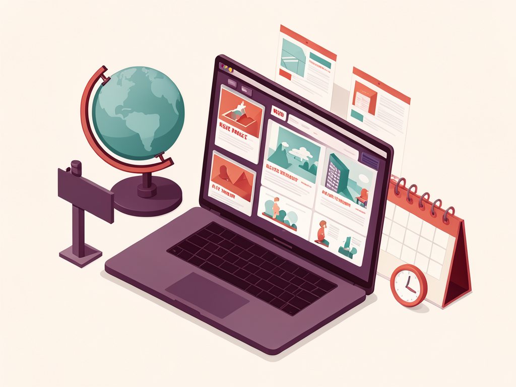 Illustration: a laptop showing a news blog with article cards, next to a globe, a calendar and a clock