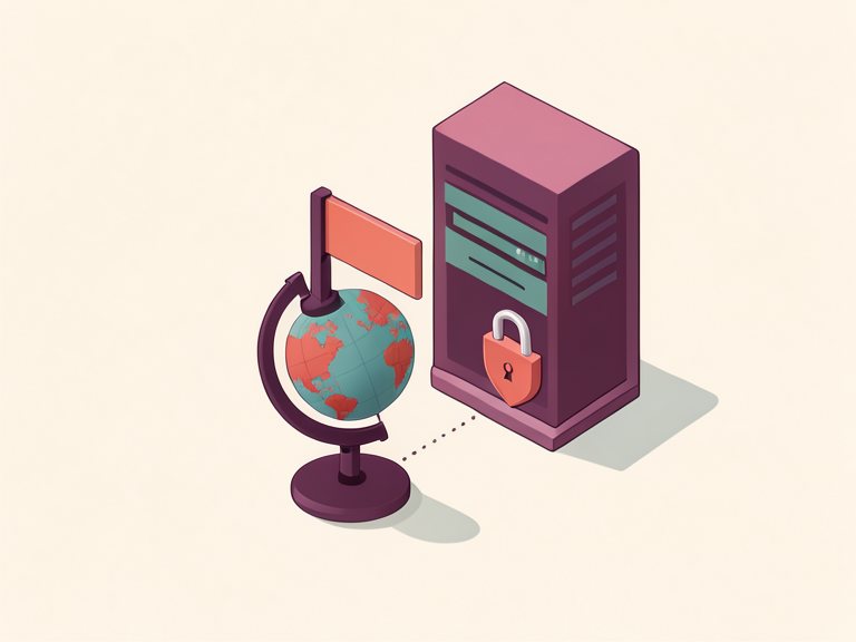 Illustration: a globe with a signpost connected to a server with a padlock