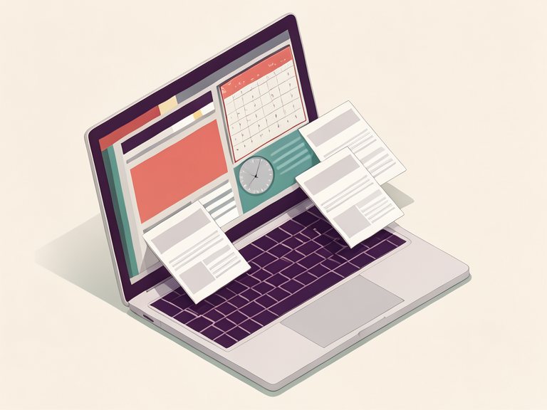 Illustration: article pages flying into a laptop, next to a calendar and a clock